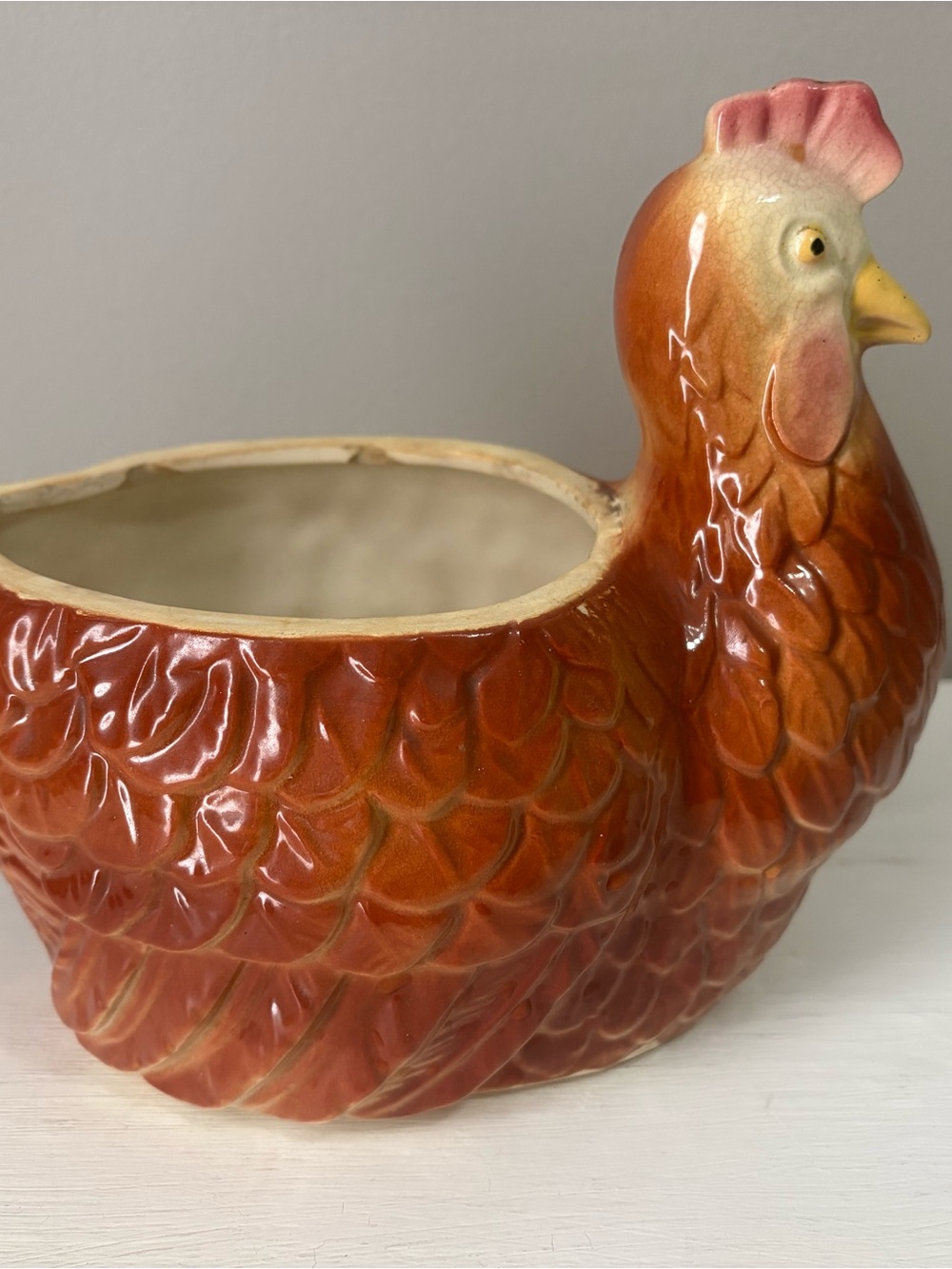 A.P.C. Orange Ceramic Hen Planter with Yellow Beak and Pink Comb